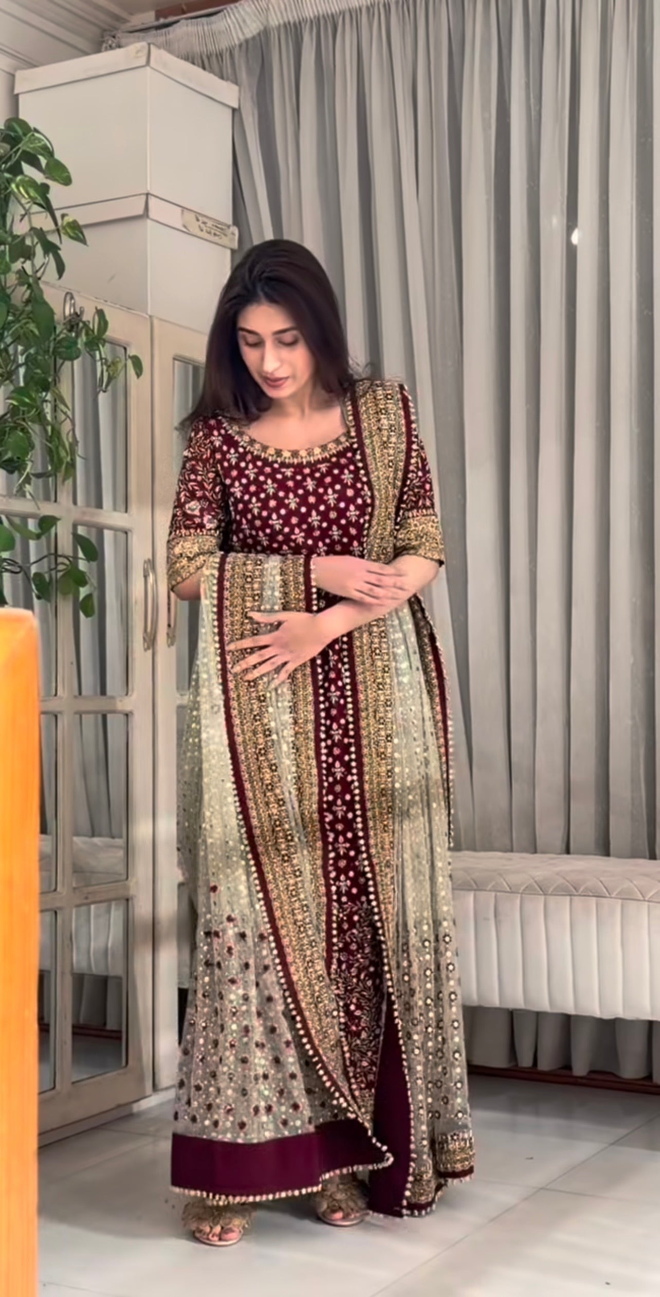 Haris Shakeel Areesha style — Mairaz maroon three-piece suit reference, view 4 of 5