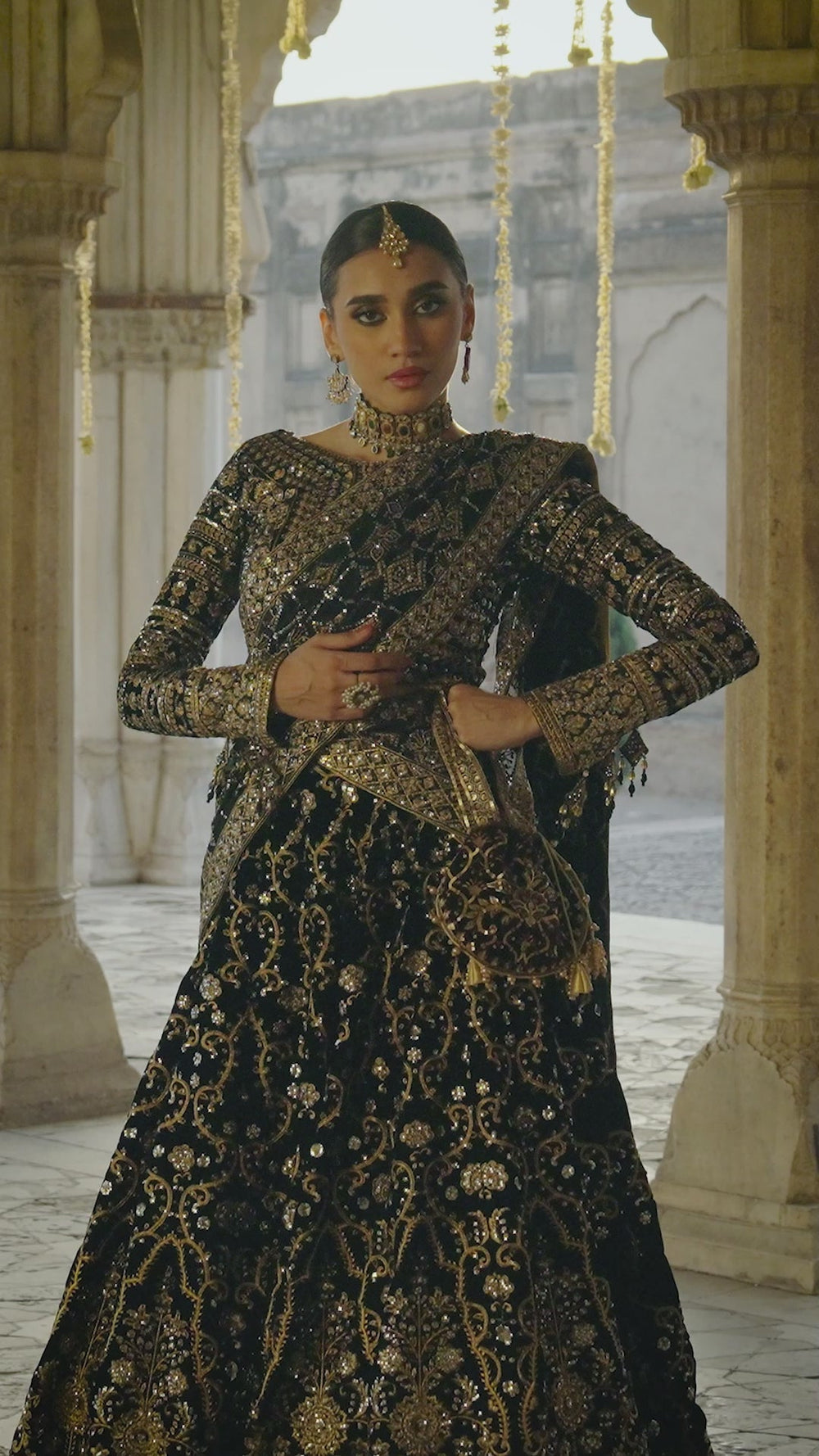 Aik Atelier Dastoor A2401 reference — black velvet lehenga choli, view 10 | Mairaz