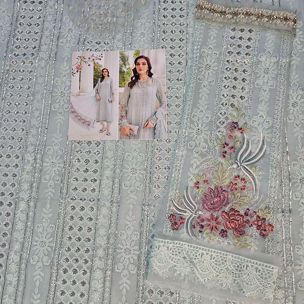 Maria B MPC-24-103 Style — Mairaz Ice Blue Three-Piece Suit