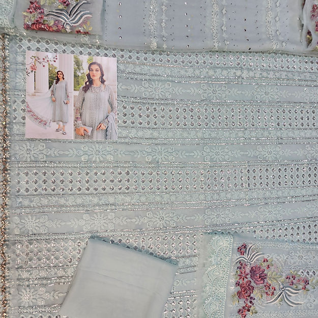 Maria B MPC-24-103 Style — Mairaz Ice Blue Three-Piece Suit