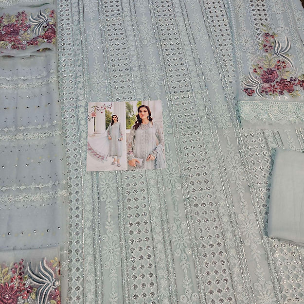 Maria B MPC-24-103 Style — Mairaz Ice Blue Three-Piece Suit
