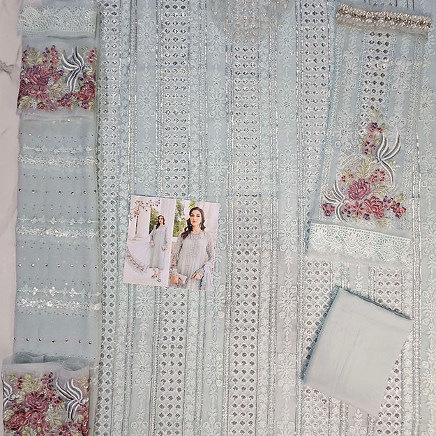 Maria B MPC-24-103 Style — Mairaz Ice Blue Three-Piece Suit