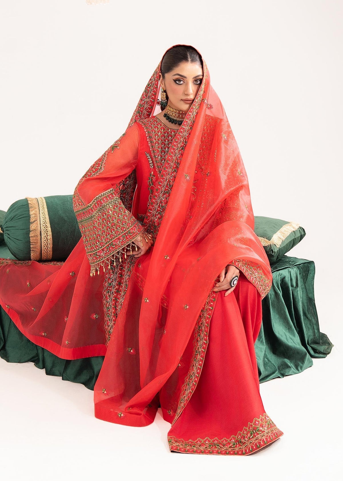 Khudeeja red shirt suit, reference outfit photograph 5 — Made by Mairaz reproduction
