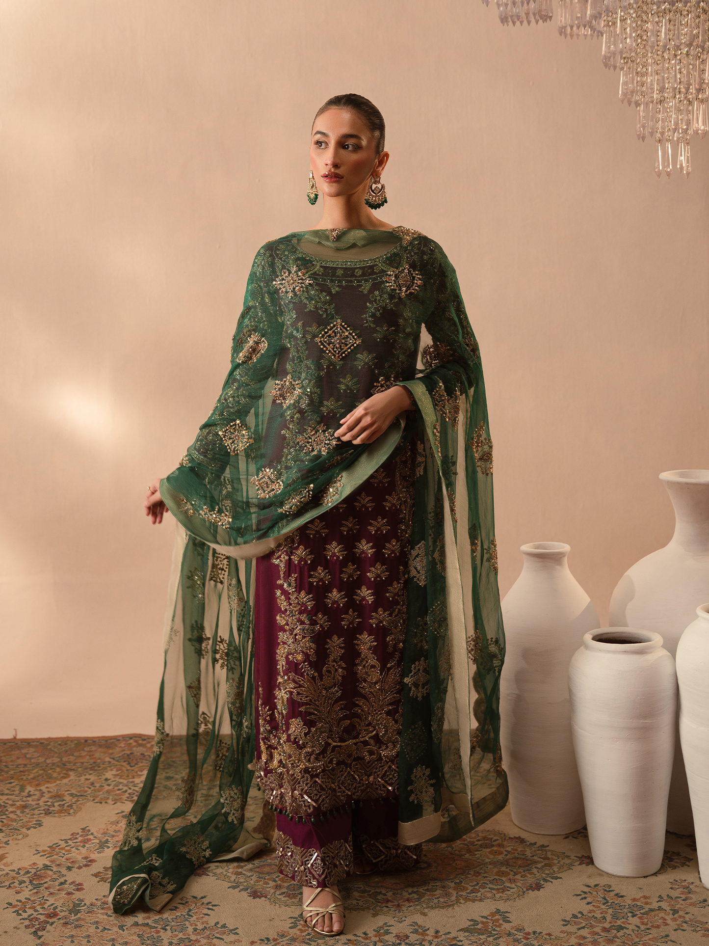 Abeera Usman Burgundy Dusk style — Mairaz plum three-piece suit reference, view 1 of 6