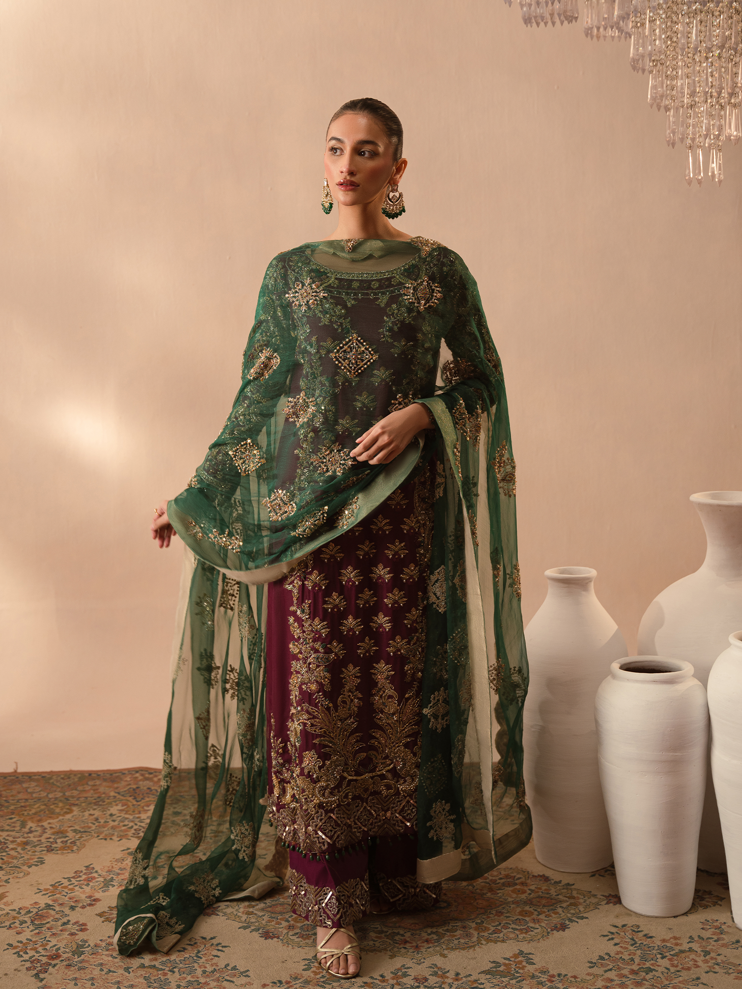 Abeera Usman Burgundy Dusk style — Mairaz plum three-piece suit reference, view 1 of 6