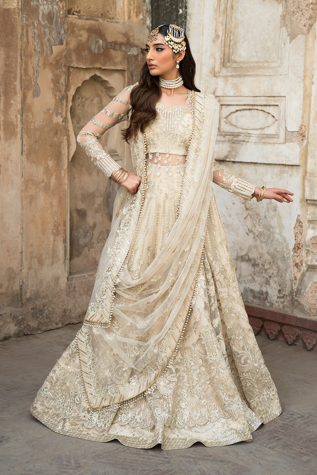 Shazia Kiyani Shahana style — Mairaz net panelled three-piece suit reference, view 1 of 6