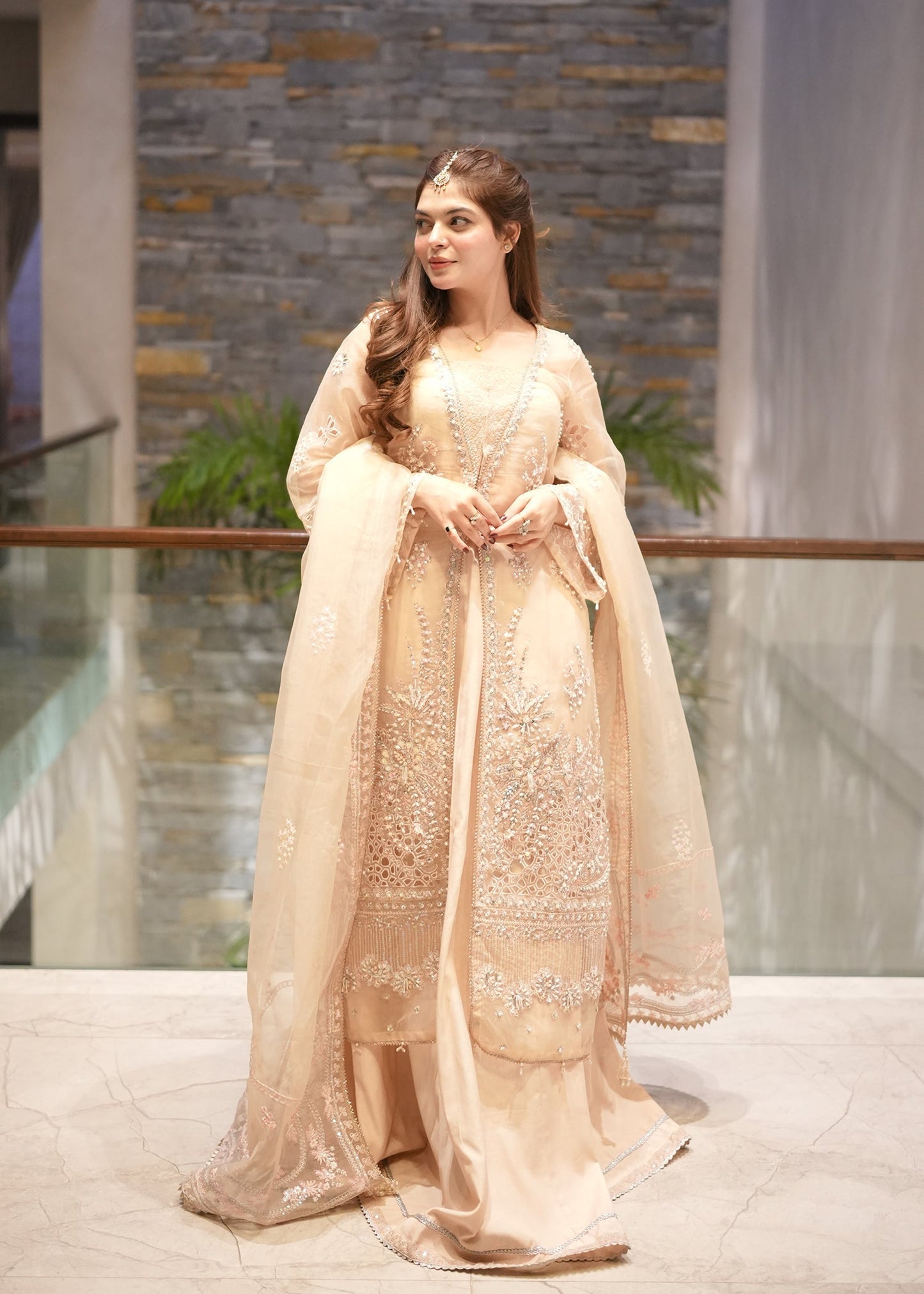 Farida Hasan Peach Blossom Style — Mairaz Peach Organza Formal Suit