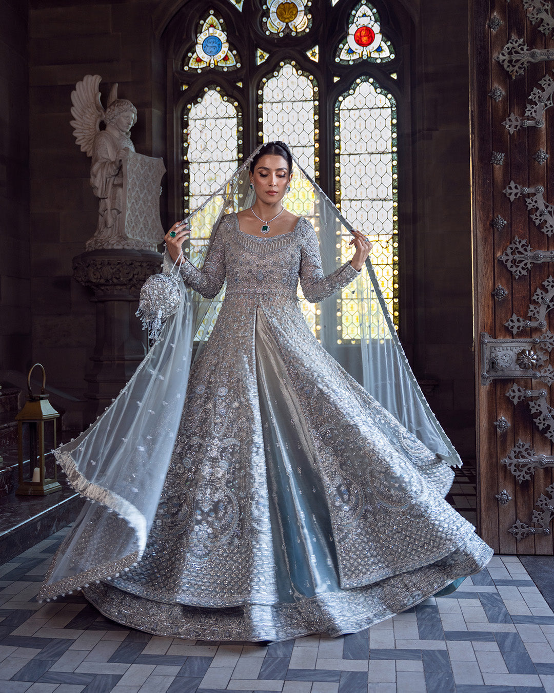 Faiza Saqlain Ayana Style — Mairaz Ice Blue Lehenga