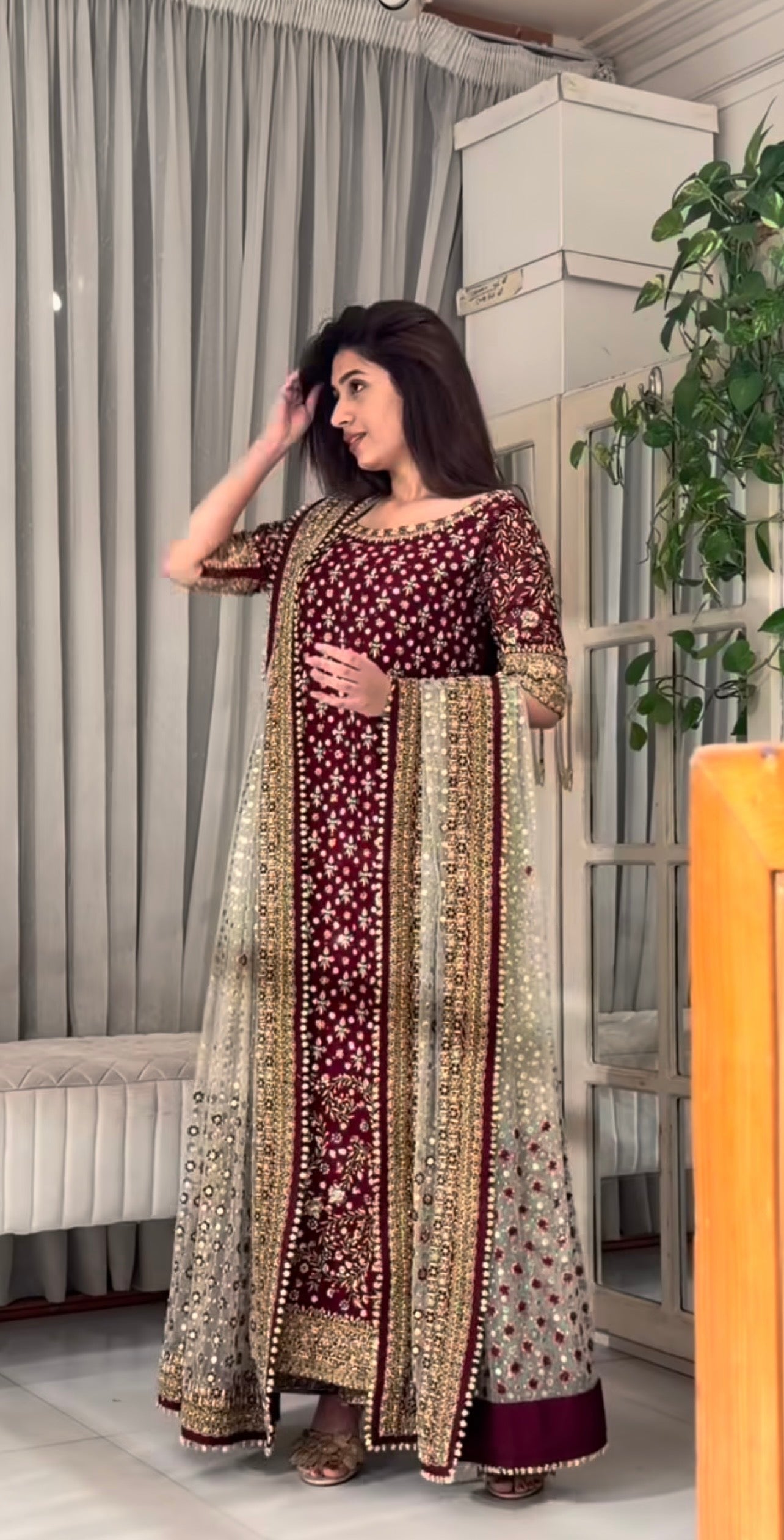 Haris Shakeel Areesha style — Mairaz maroon three-piece suit reference, view 3 of 5