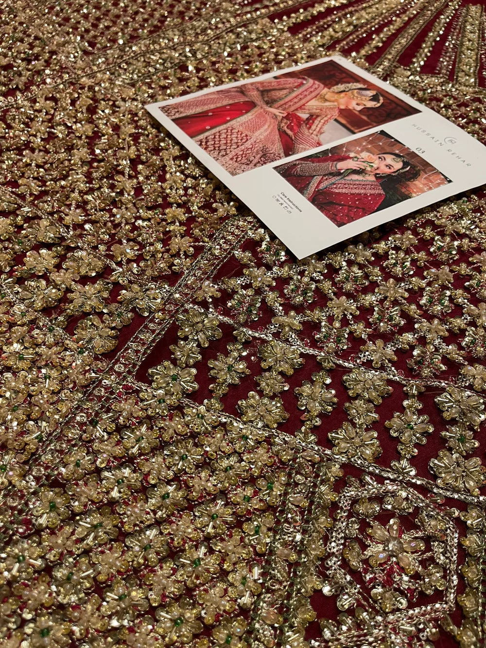 Hussain Rehar – Sarang Style, maroon bridal fabric with design reference card