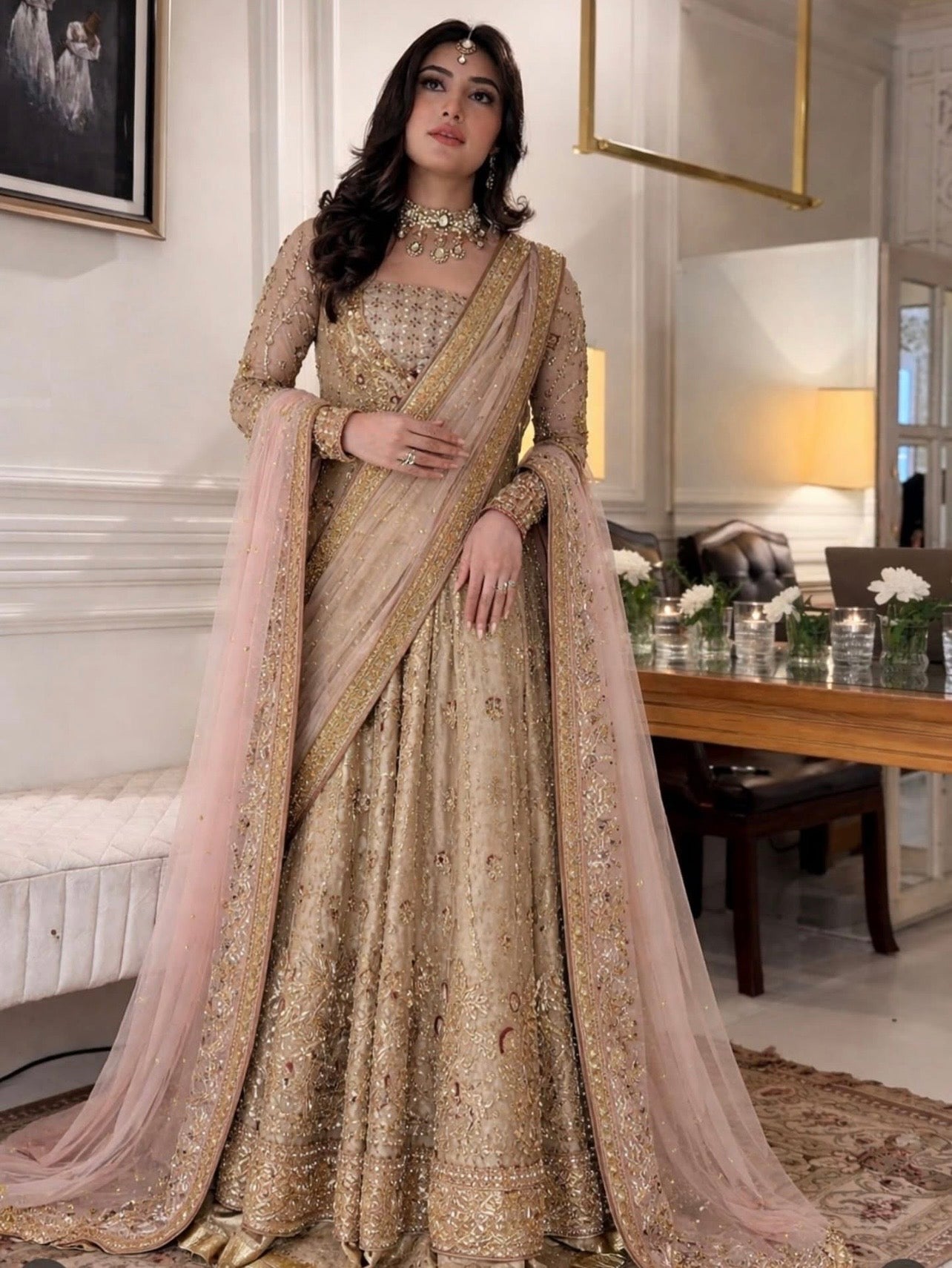 Haris Shakeel Sahar Blue style — Mairaz champagne gold four-piece suit reference, view 1 of 4