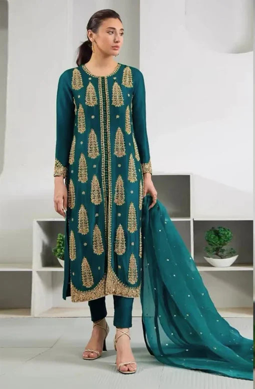 Fahad Hussayn Emerald Style — Mairaz Ice Blue Three-Piece Suit