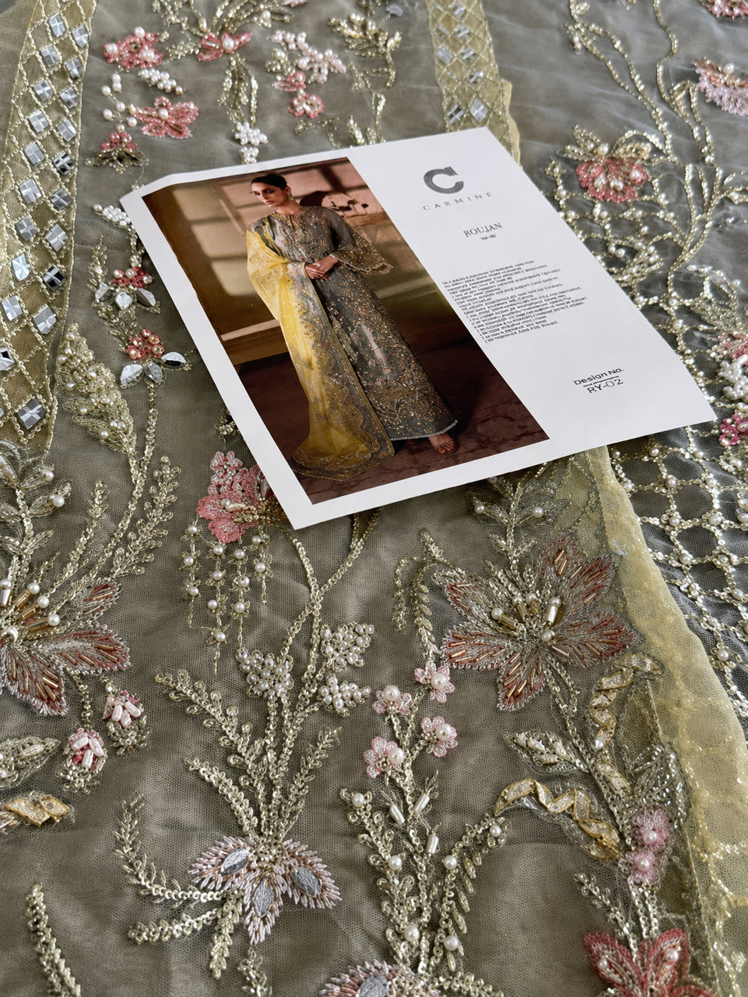 Crimson – Jhalak Style, embroidered fabric with design reference card