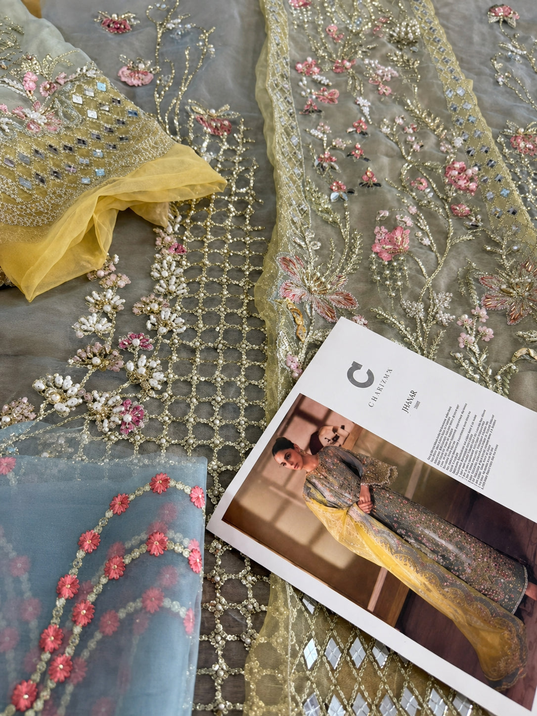 Crimson – Jhalak Style, yellow dupatta with design reference card