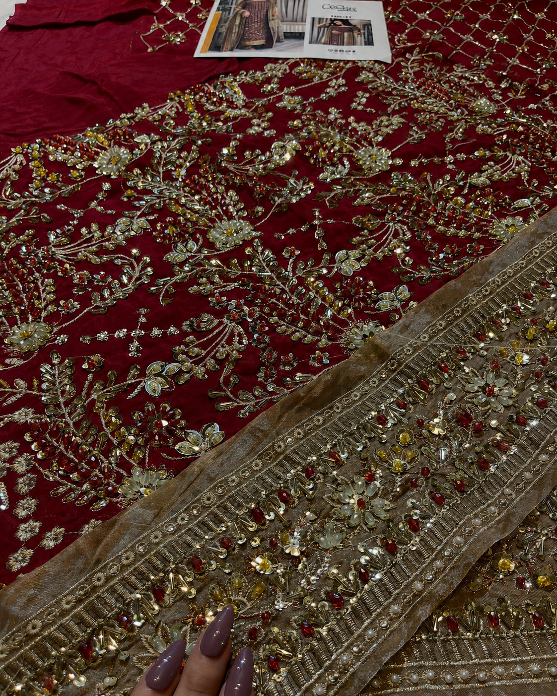 Haris Shakeel – Areesha Style, gold embroidery on wine fabric detail
