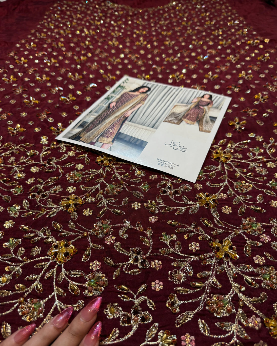 Haris Shakeel – Areesha Style, wine and gold embroidery close-up