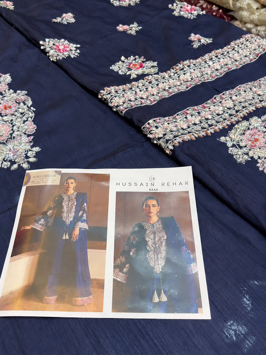 Hussain Rehar – Saxe Style, navy fabric with design reference card