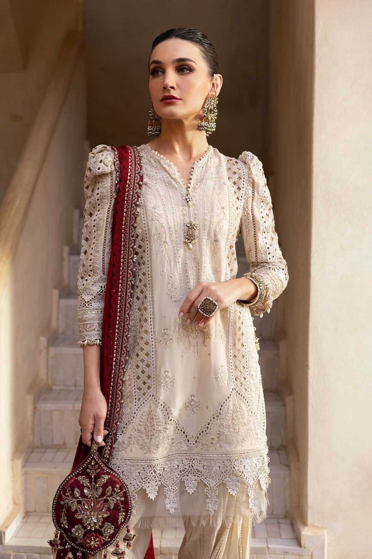 Maria B D-2511-B Style — Mairaz Beige & Maroon Lawn Suit