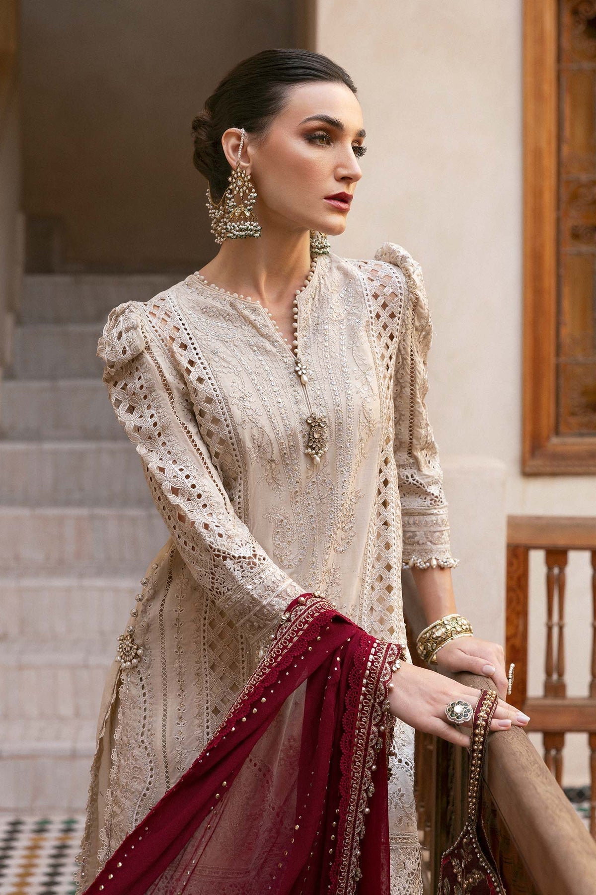 Maria B 3 Piece Embroidered Lawn Suit | D-2511-B Style — Mairaz Beige, Mehroon Three-Piece Suit