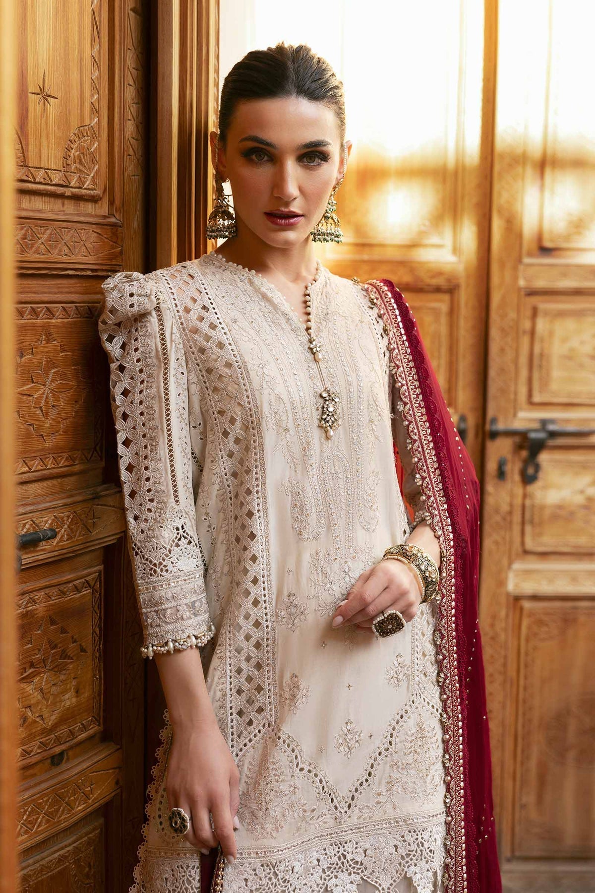 Maria B 3 Piece Embroidered Lawn Suit | D-2511-B Style — Mairaz Beige, Mehroon Three-Piece Suit