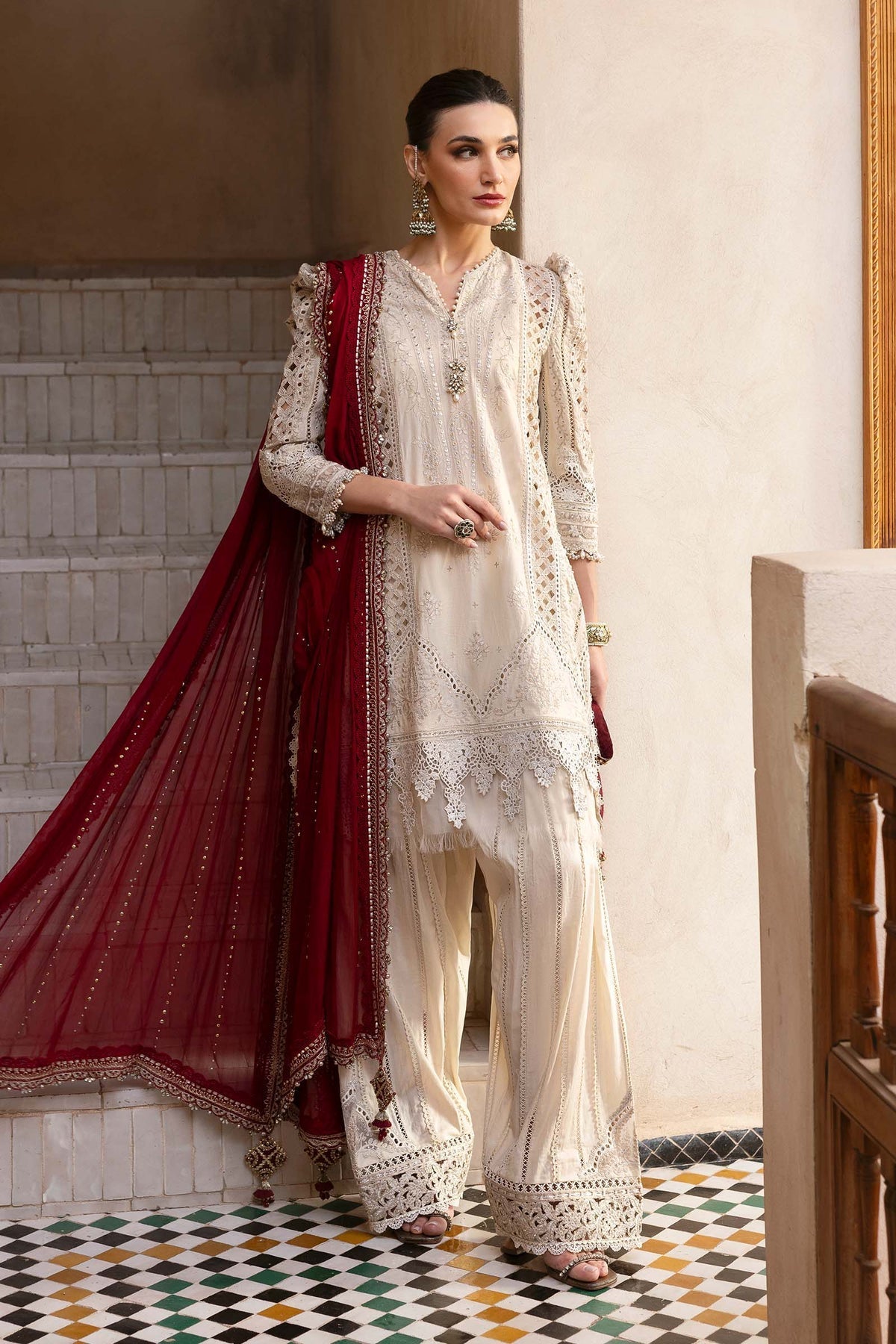 Maria B 3 Piece Embroidered Lawn Suit | D-2511-B Style — Mairaz Beige, Mehroon Three-Piece Suit