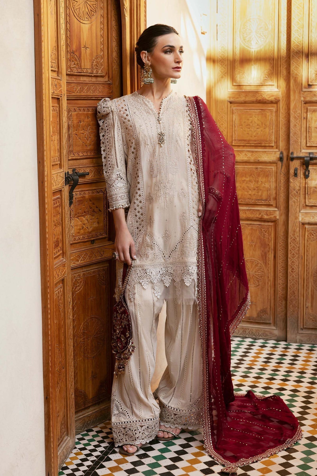 Maria B D-2511-B Style — Mairaz Beige & Maroon Lawn Suit