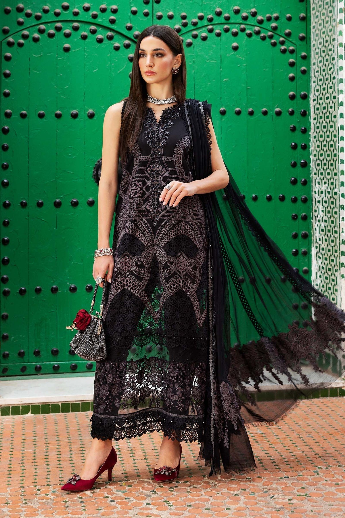 Maria B 3 Piece Unstitched Embroidered Lawn Suit | D-2512-B Style — Mairaz Black Three-Piece Suit