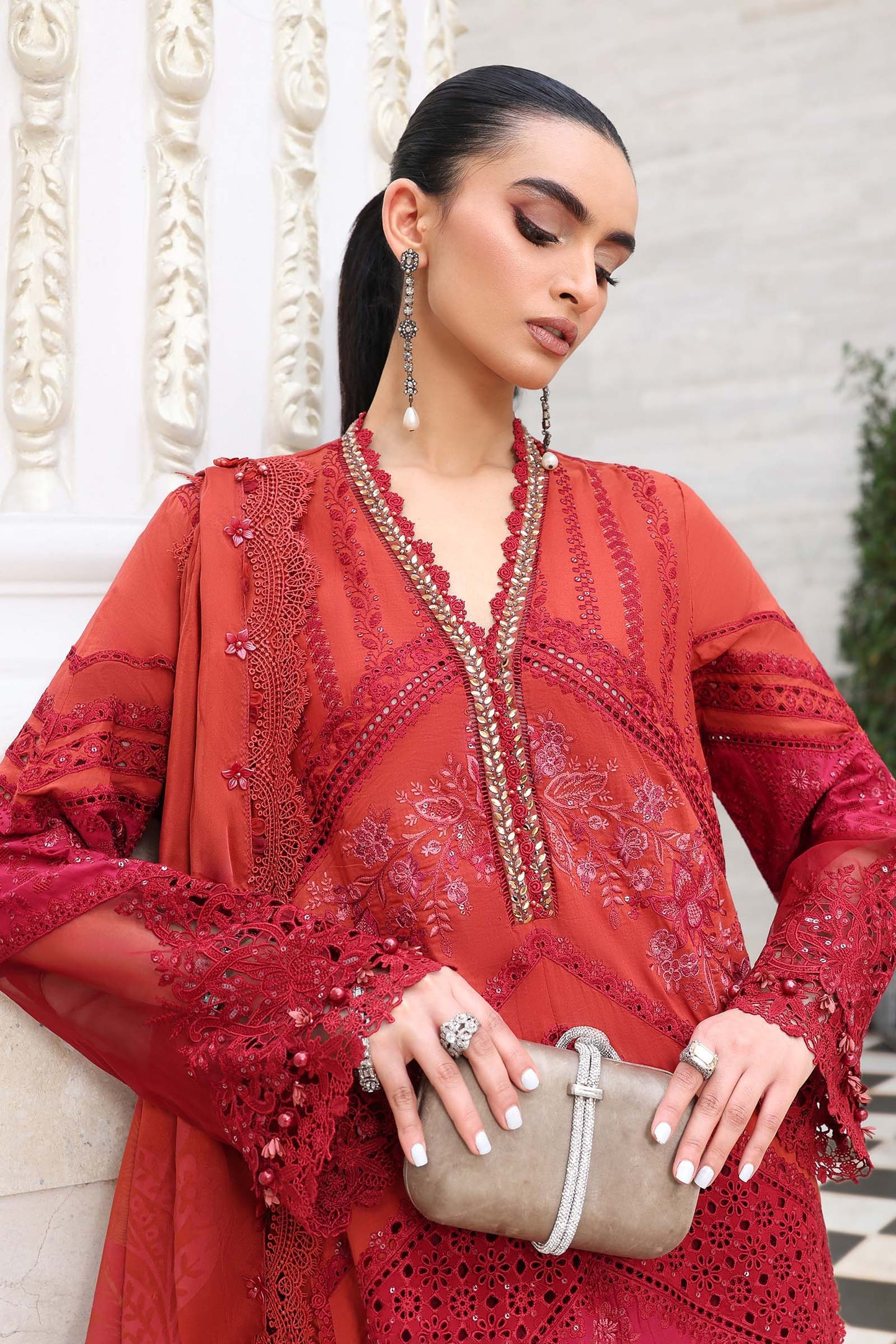 Rust lawn Pakistani suit, EL-26-13 style, embroidery detail