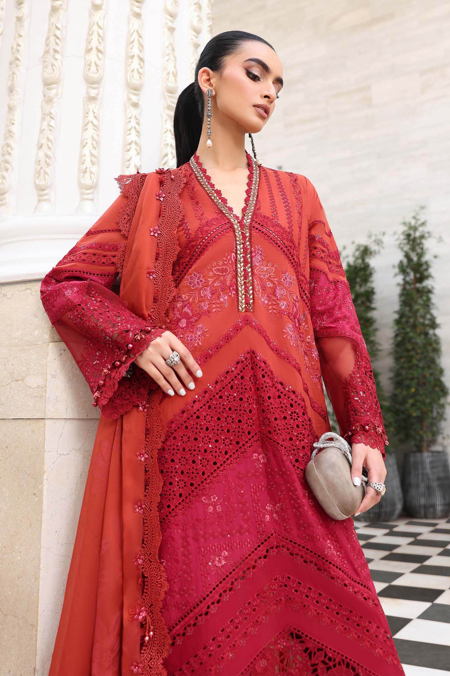 Rust lawn Pakistani suit, EL-26-13 style, embroidery detail