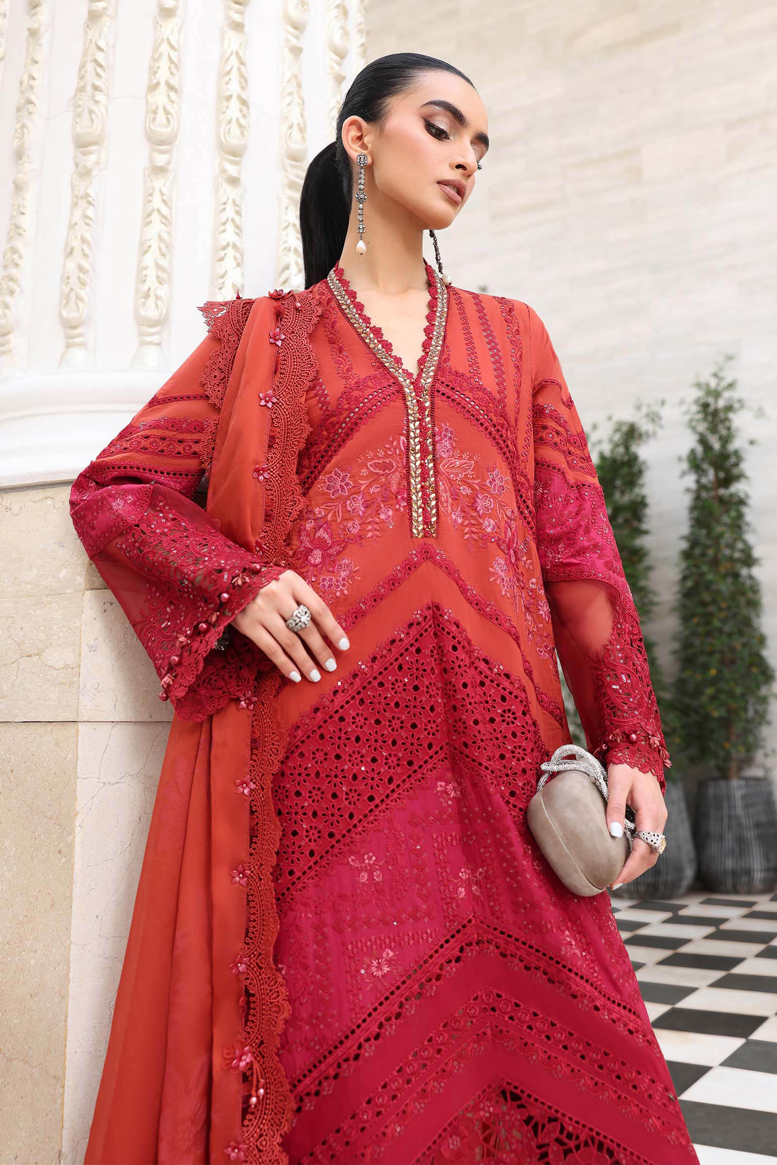 Rust lawn Pakistani suit, EL-26-13 style, embroidery detail