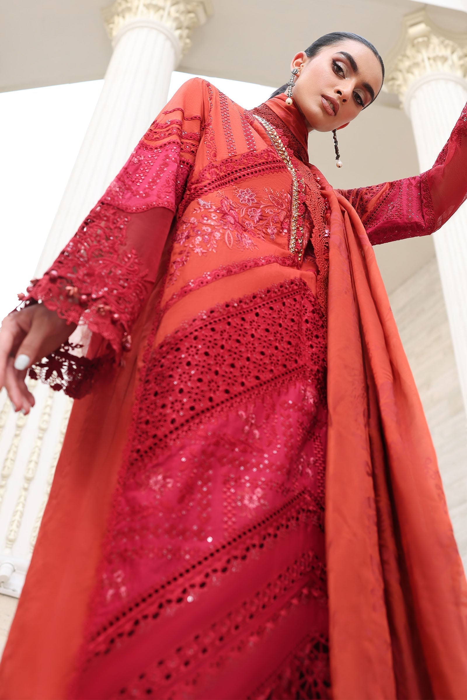 Rust lawn Pakistani suit, EL-26-13 style, embroidery detail