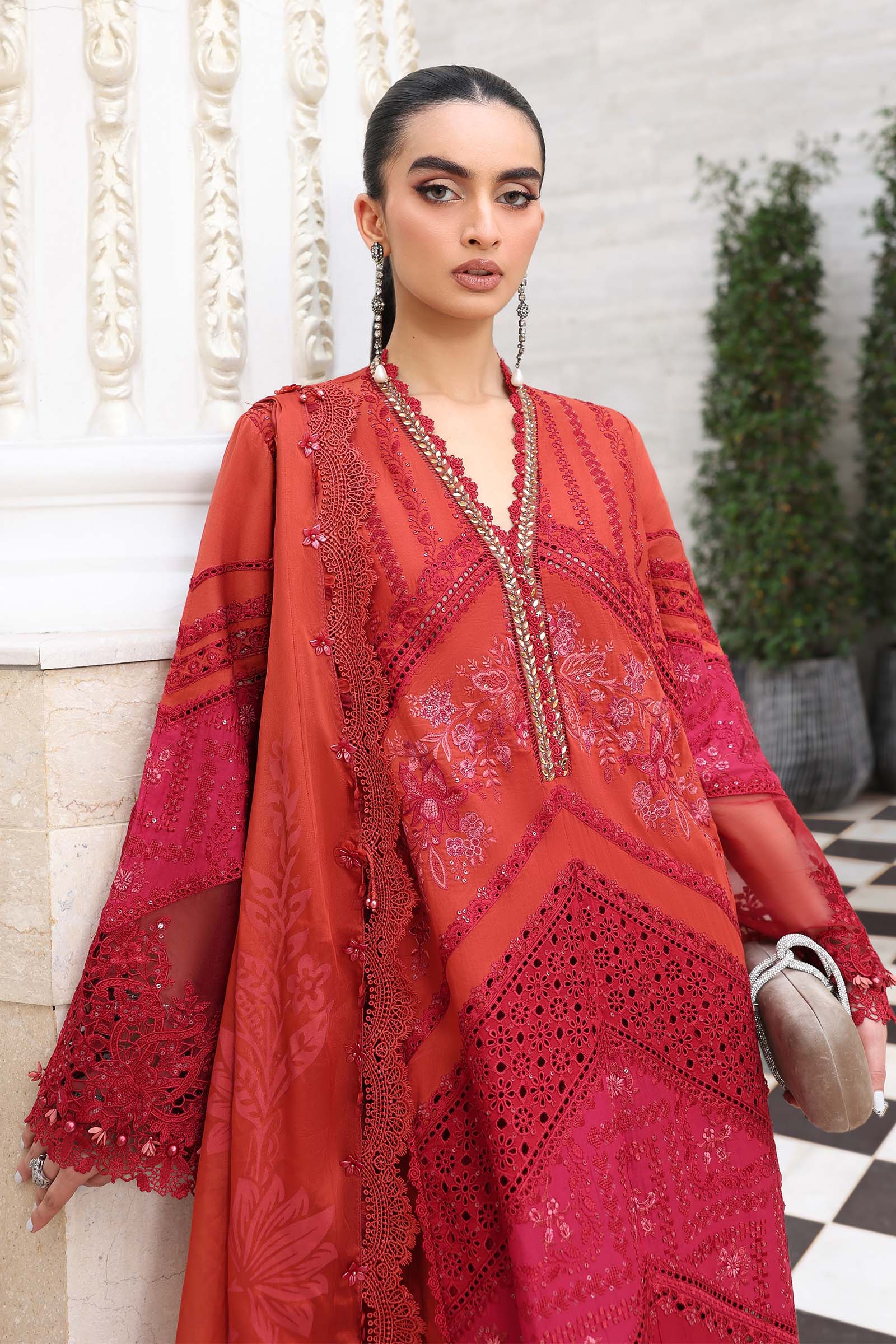 Rust lawn Pakistani suit, EL-26-13 style, embroidery detail