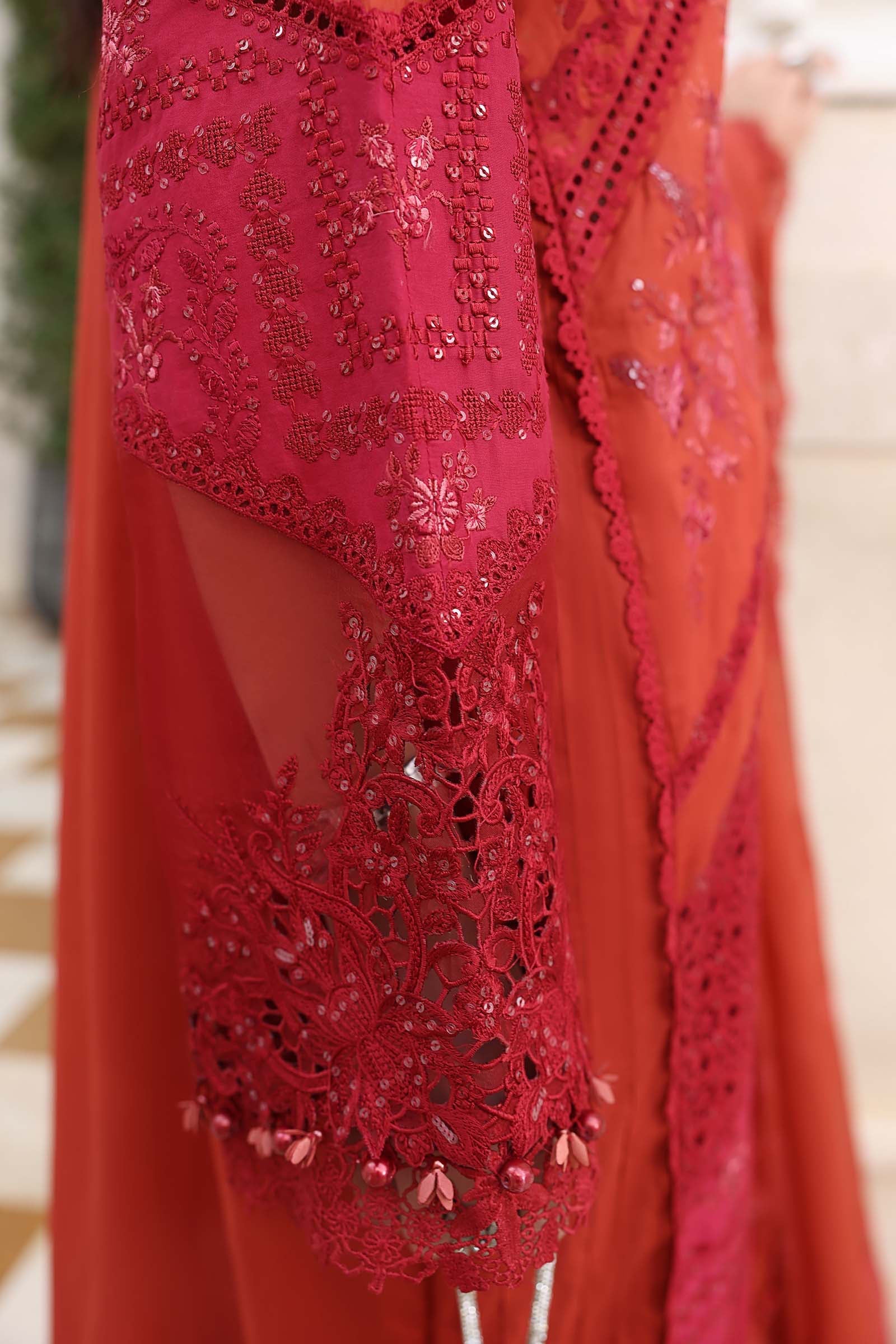 Rust lawn Pakistani suit, EL-26-13 style, embroidery detail