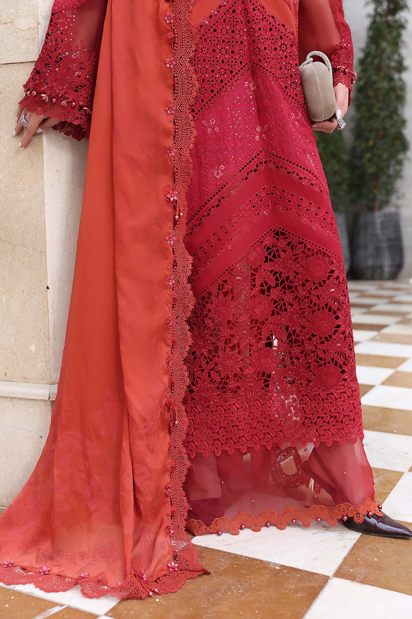 Rust lawn Pakistani suit, EL-26-13 style, embroidery detail
