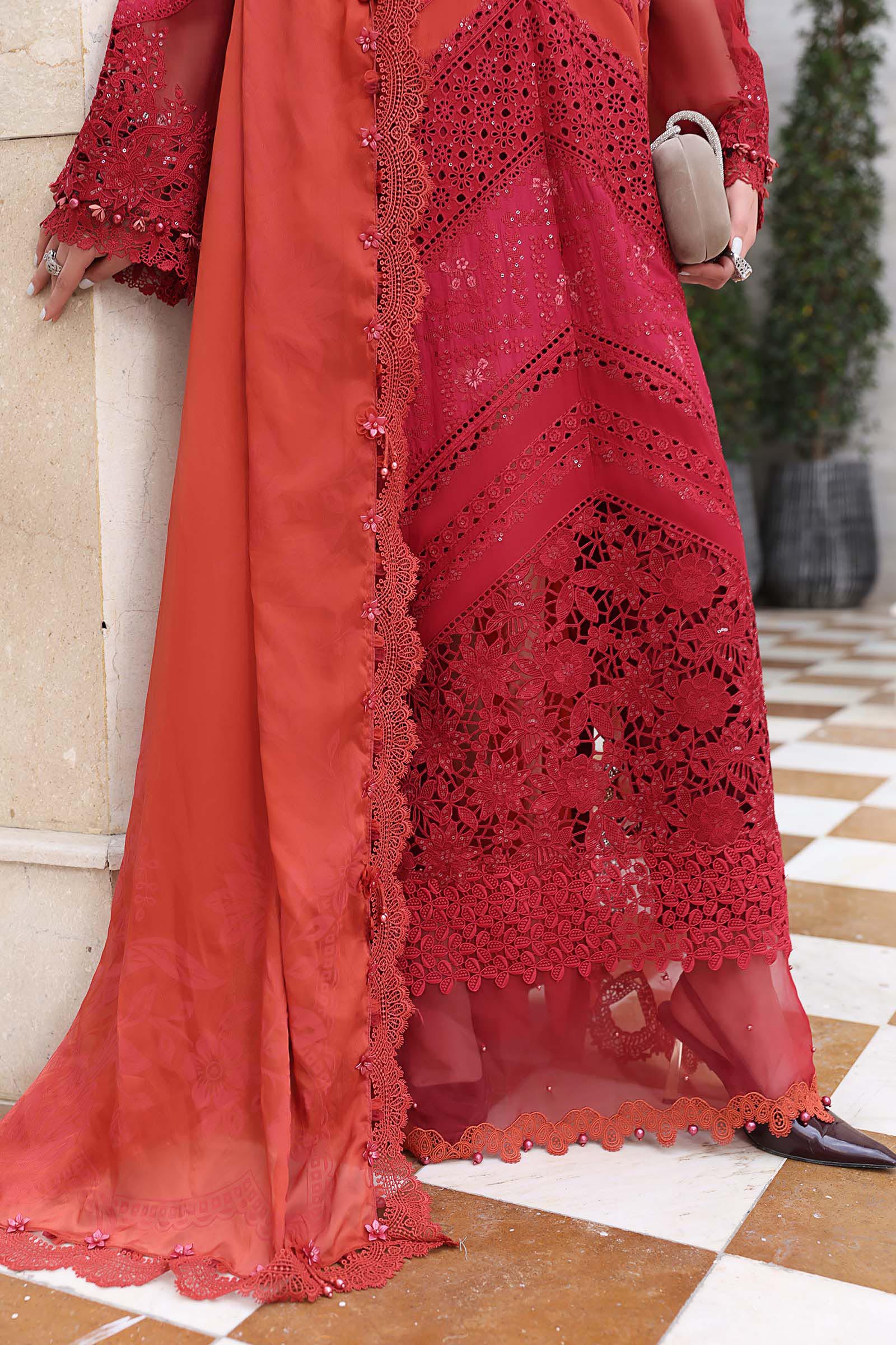 Rust lawn Pakistani suit, EL-26-13 style, embroidery detail