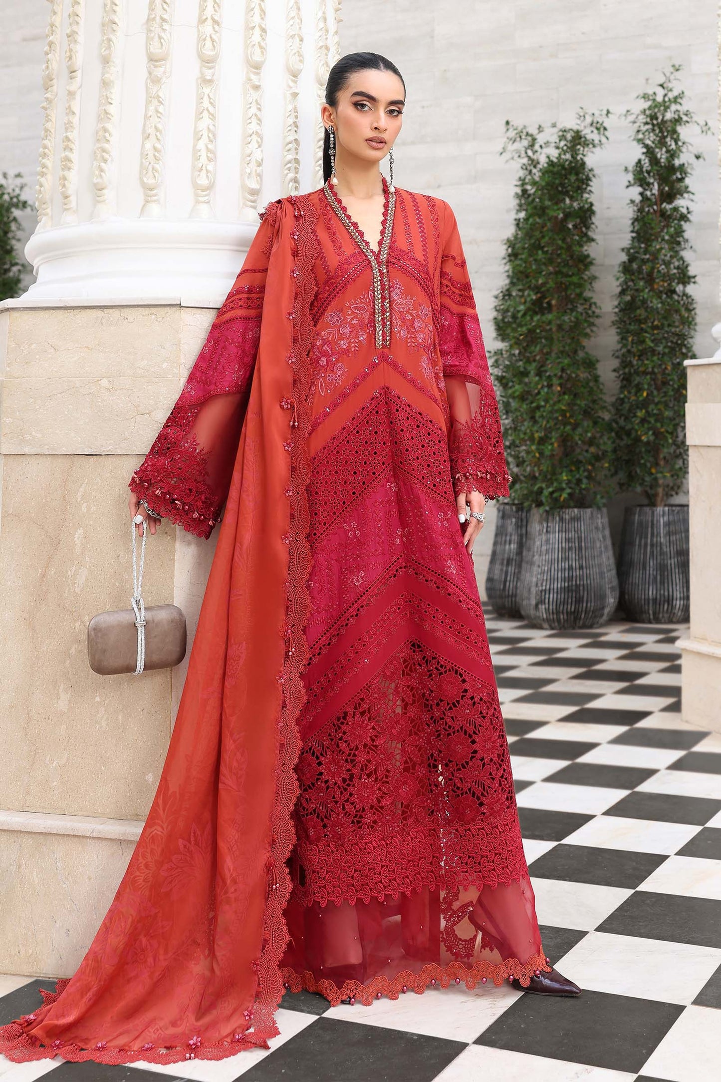 Rust lawn Pakistani suit, EL-26-13 style, front view