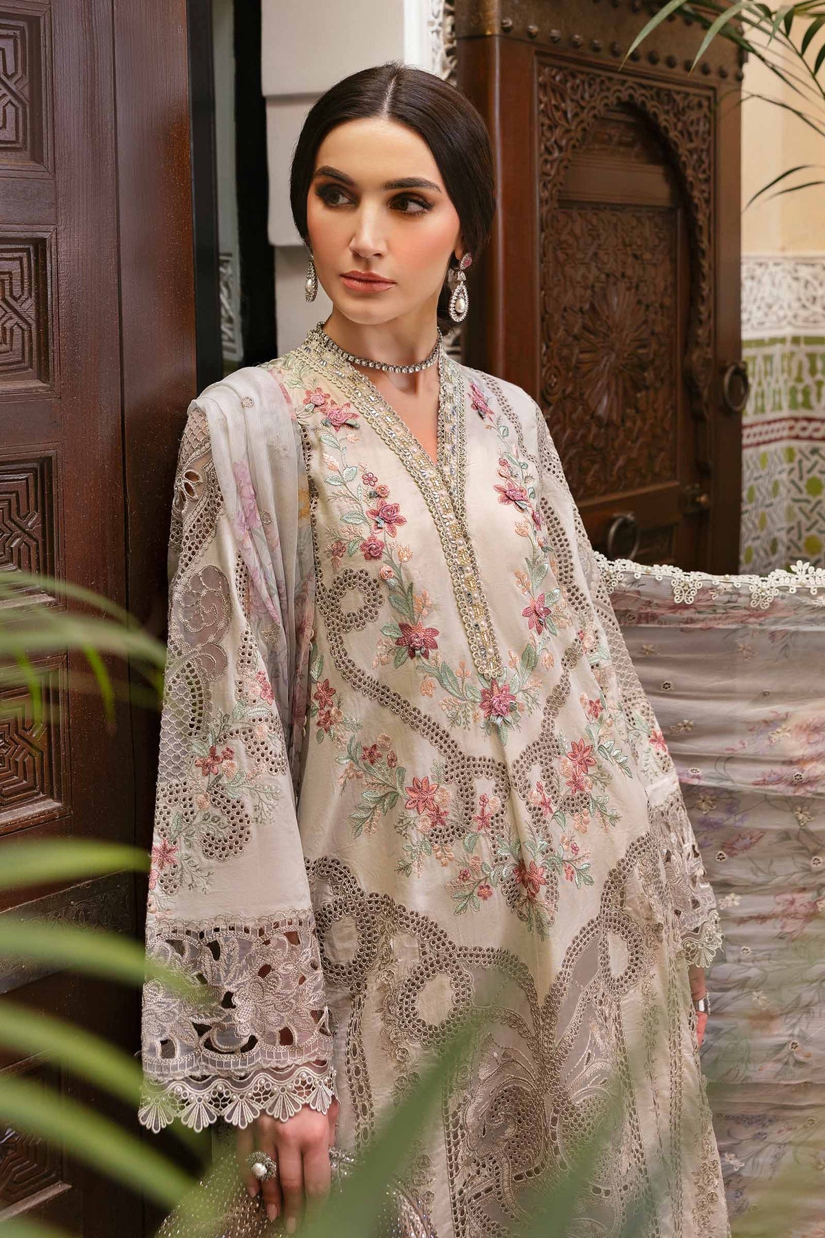 Maria B 3 Piece Unstitched Embroidered Lawn Suit | D-2514-B Style — Mairaz Beige Three-Piece Suit