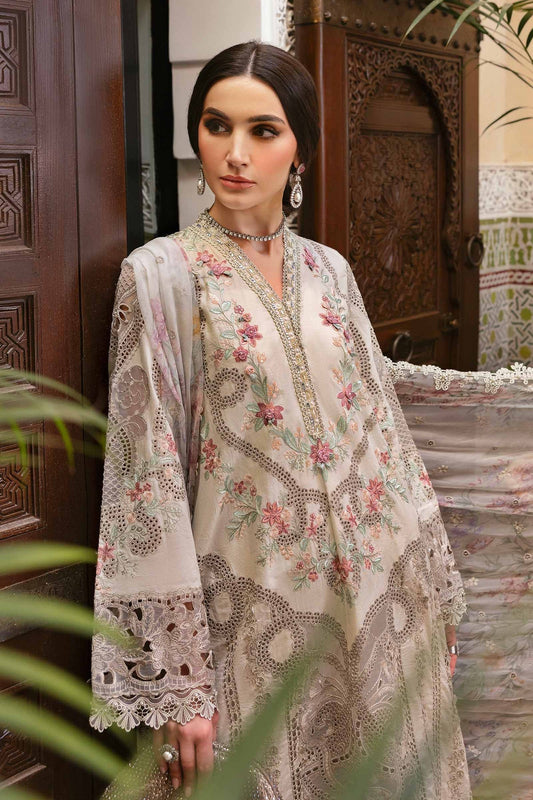 Maria B 3 Piece Unstitched Embroidered Lawn Suit | D-2514-B Style — Mairaz Beige Three-Piece Suit