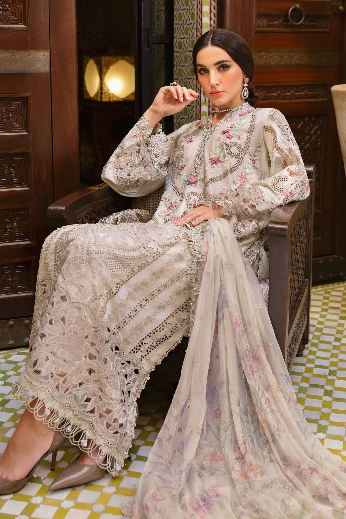 Maria B 3 Piece Unstitched Embroidered Lawn Suit | D-2514-B Style — Mairaz Beige Three-Piece Suit