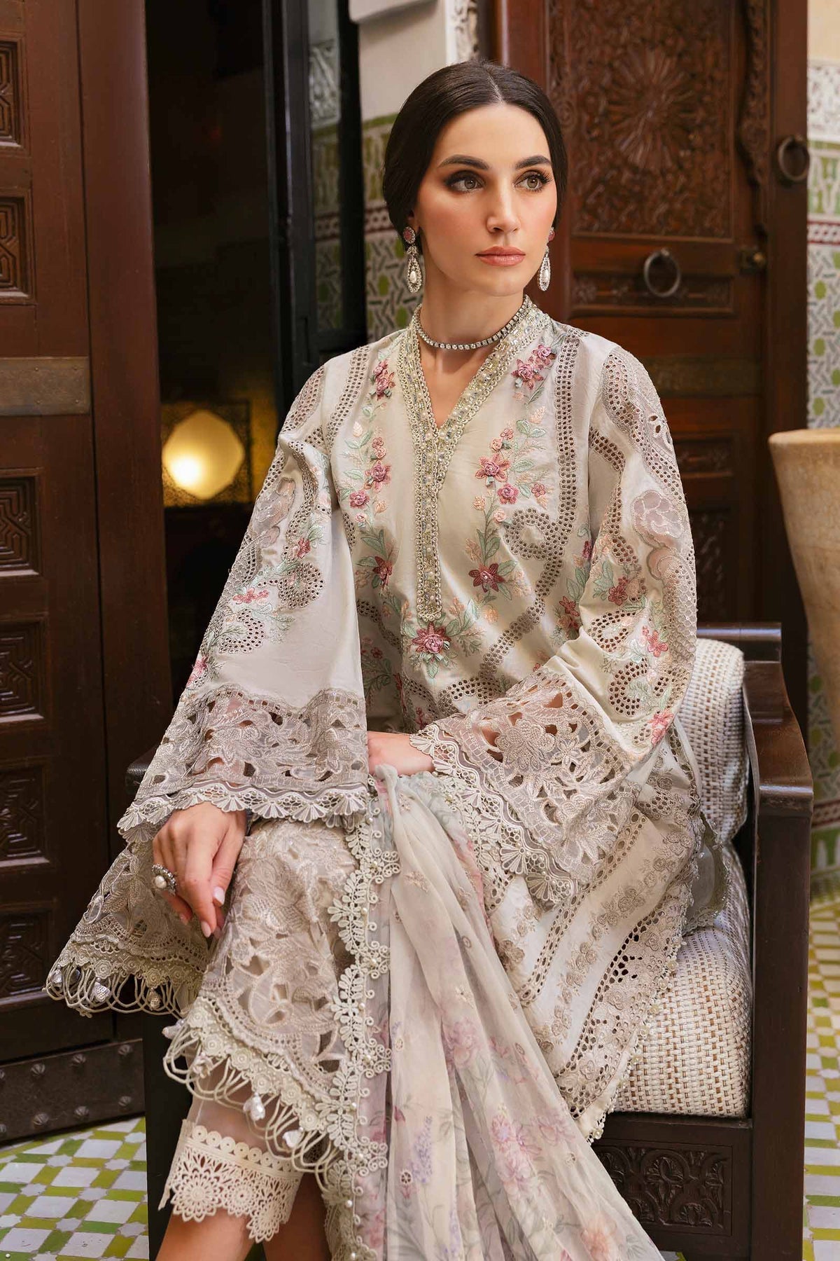 Maria B 3 Piece Unstitched Embroidered Lawn Suit | D-2514-B Style — Mairaz Beige Three-Piece Suit
