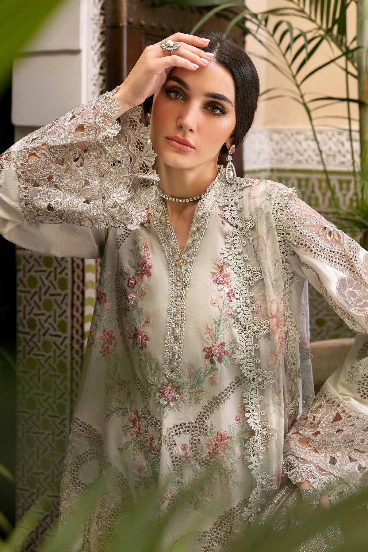 Maria B 3 Piece Unstitched Embroidered Lawn Suit | D-2514-B Style — Mairaz Beige Three-Piece Suit