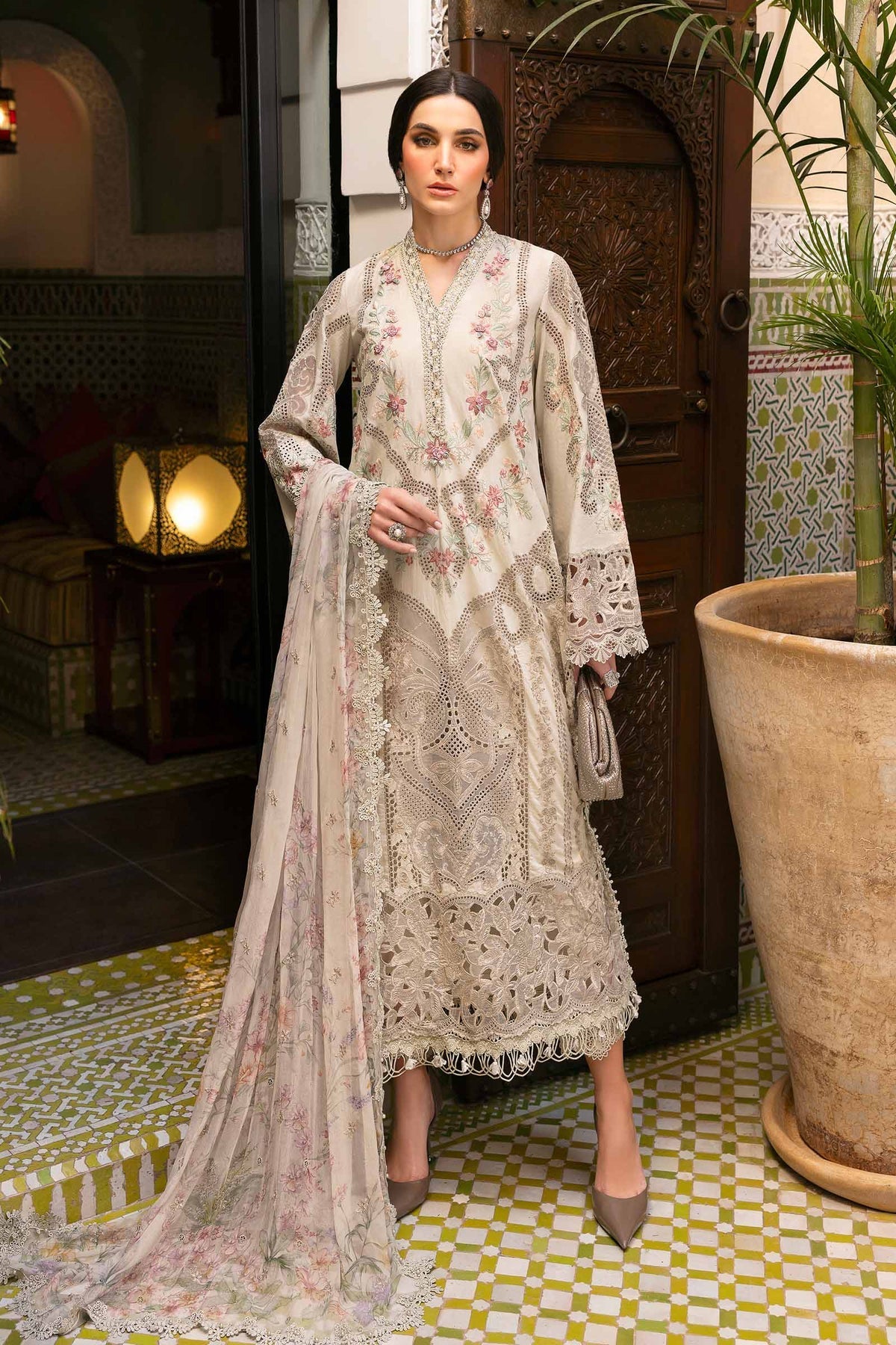 Maria B 3 Piece Unstitched Embroidered Lawn Suit | D-2514-B Style — Mairaz Beige Three-Piece Suit