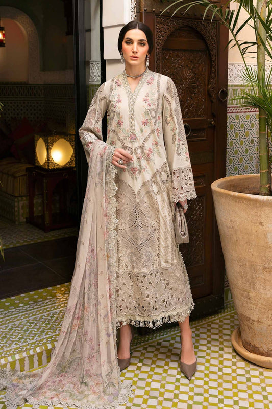 Maria B 3 Piece Unstitched Embroidered Lawn Suit | D-2514-B Style — Mairaz Beige Three-Piece Suit