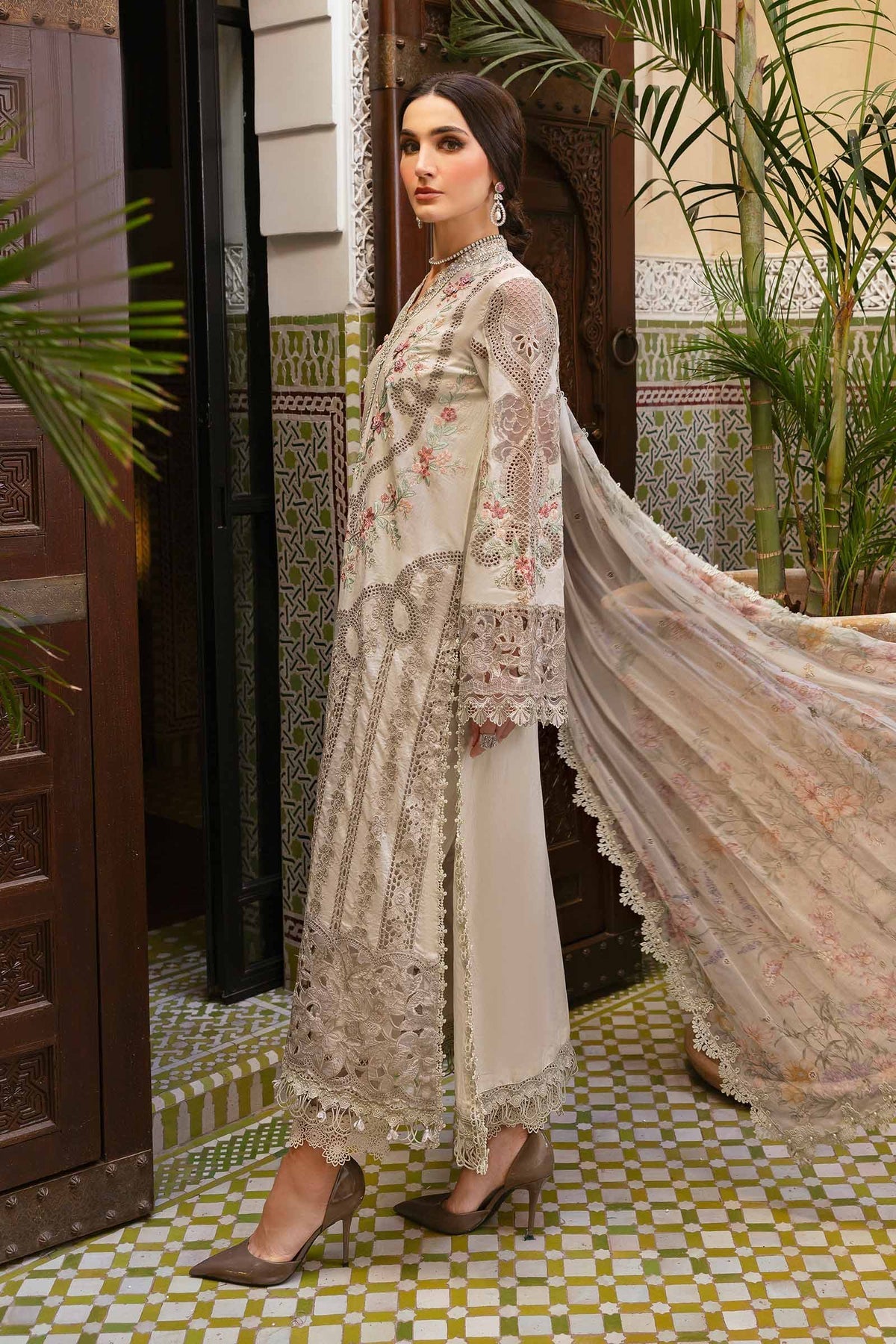 Maria B 3 Piece Unstitched Embroidered Lawn Suit | D-2514-B Style — Mairaz Beige Three-Piece Suit