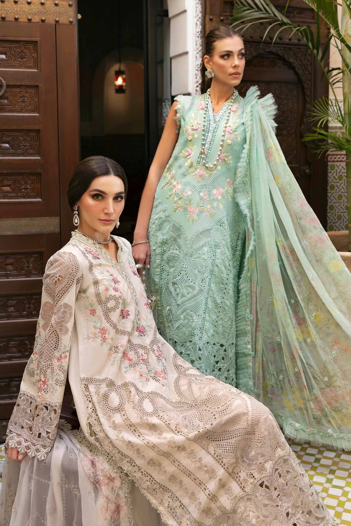 Maria B 3 Piece Unstitched Embroidered Lawn Suit | D-2514-B Style — Mairaz Beige Three-Piece Suit