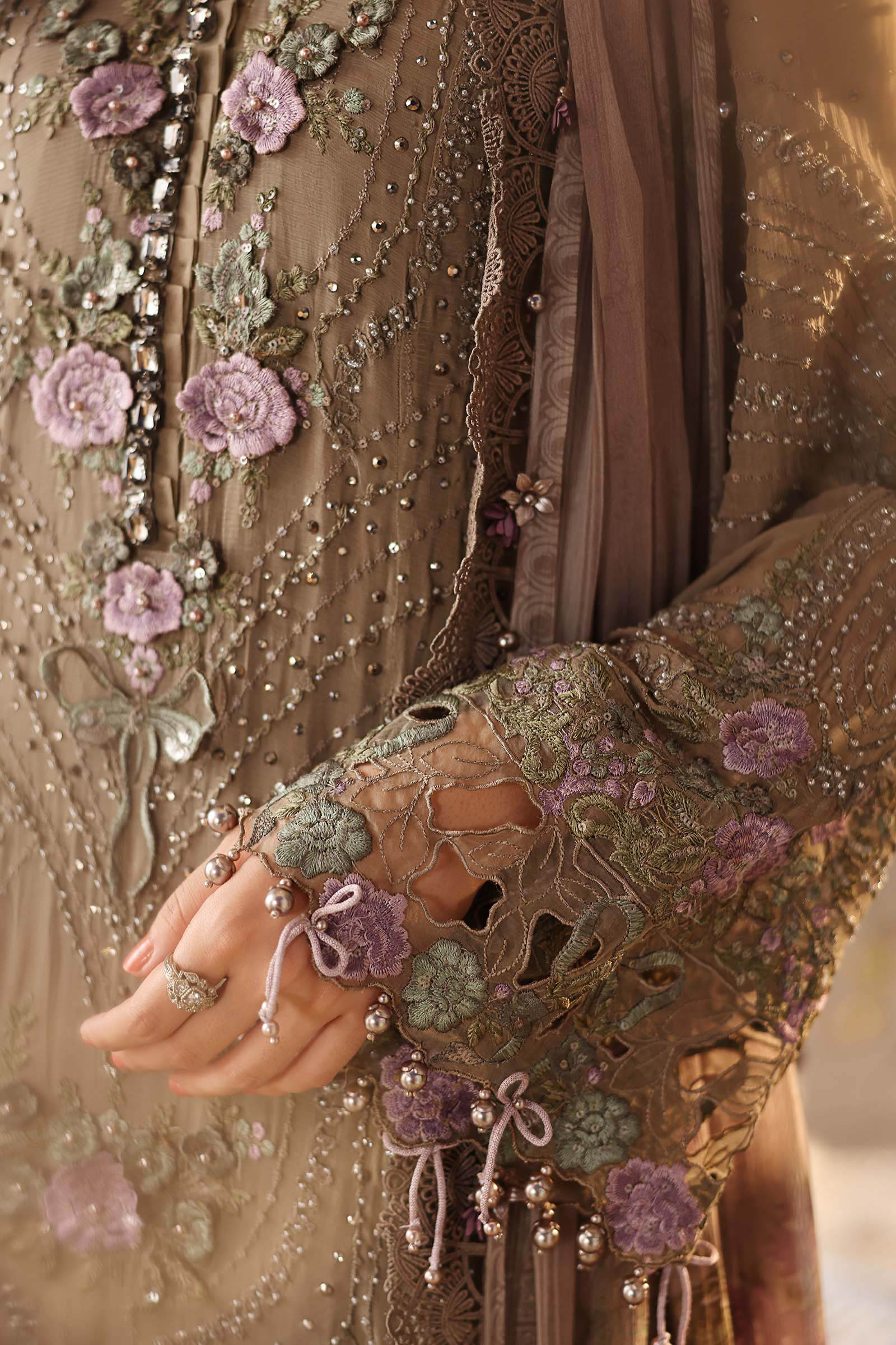 Mouse Grey chiffon Pakistani suit, MPC-26-102 style, embroidery detail