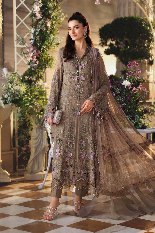 Mouse Grey chiffon Pakistani suit, MPC-26-102 style, front view