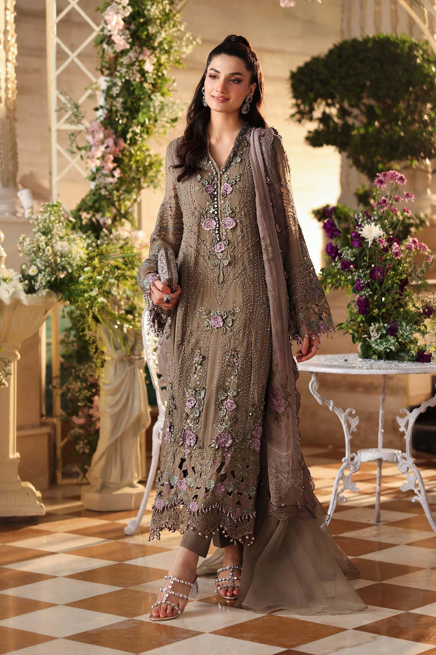 Mouse Grey chiffon Pakistani suit, MPC-26-102 style, front view