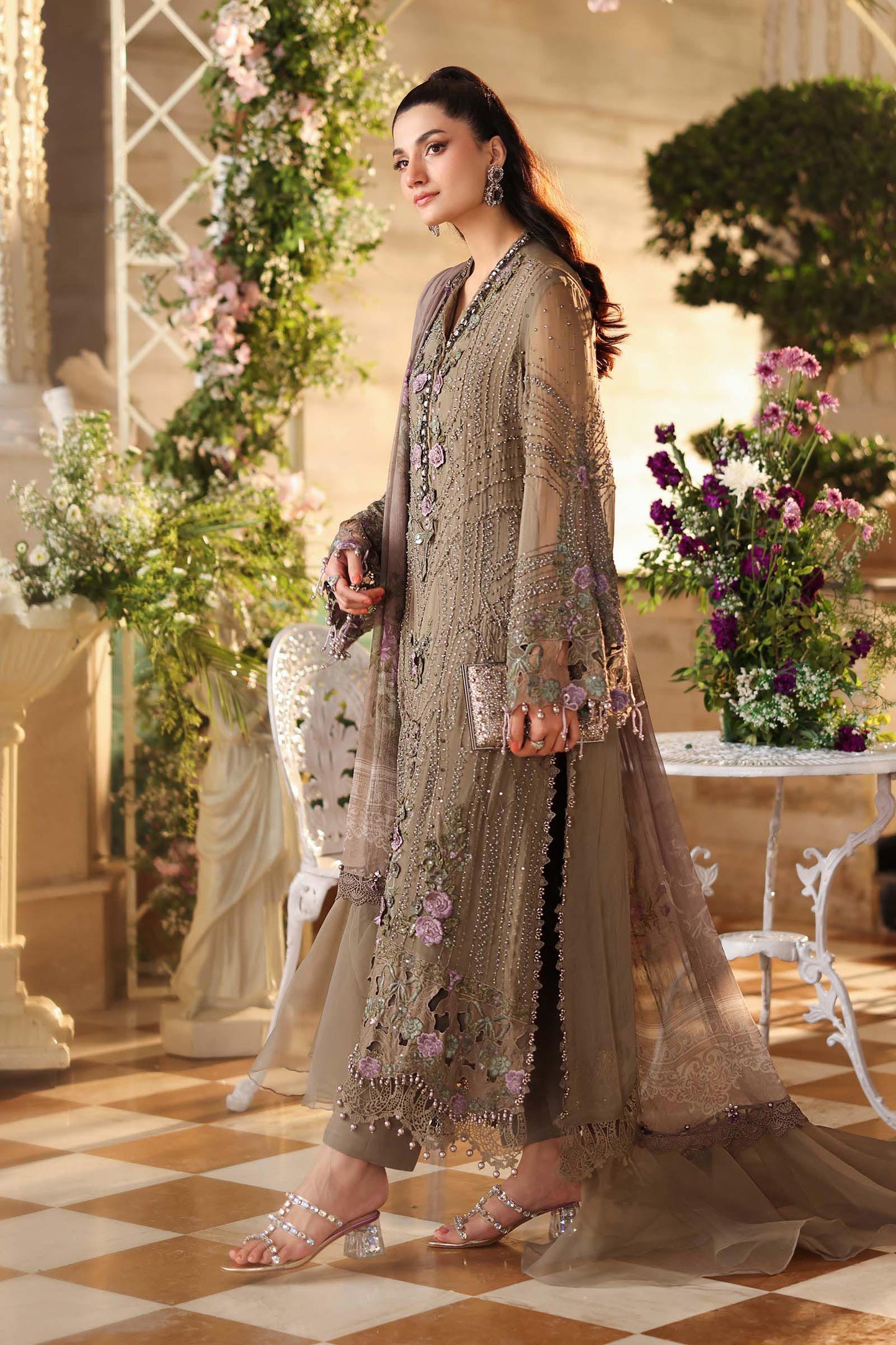 Mouse Grey chiffon Pakistani suit, MPC-26-102 style, side view
