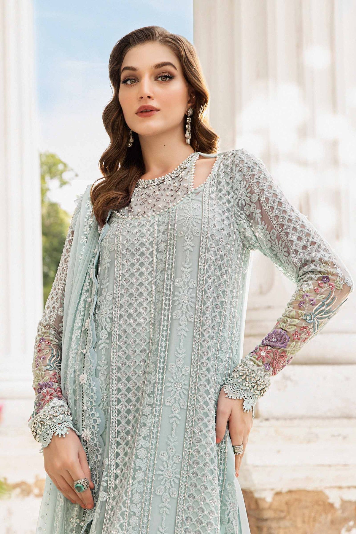 Maria B MPC-24-103 Style — Mairaz Ice Blue Three-Piece Suit